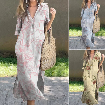 Casual V-Neck Slit Printed Dress