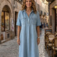 Casual Pocket Denim Midi Shirt Dress