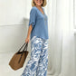 Women's V-Neck Blouse & Printed Wide-Leg Pants Set