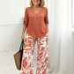 Women's V-Neck Blouse & Printed Wide-Leg Pants Set