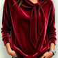 Fall Women Velvet Bow Tie Neck Long Sleeve Top