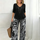 Women's V-Neck Blouse & Printed Wide-Leg Pants Set