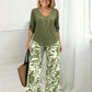 Women's V-Neck Blouse & Printed Wide-Leg Pants Set