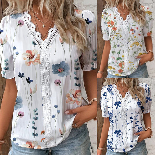 Summer Women's V-Neck Lace Trimmed Printed T-Shirt