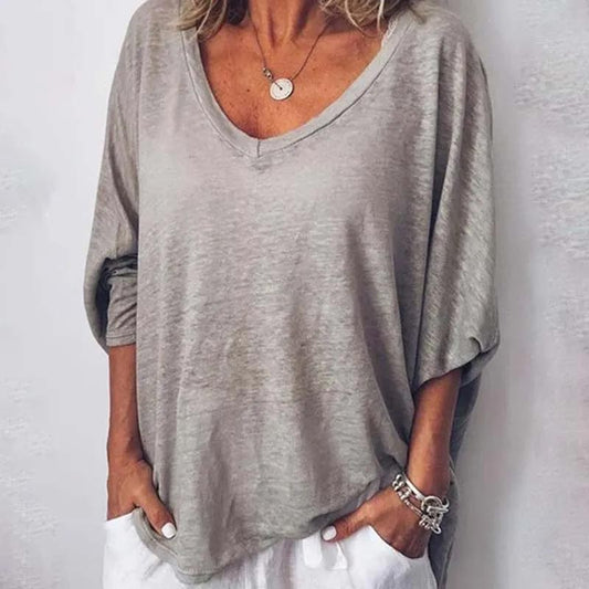 Casual Solid Color V-neck Bat-sleeve Loose T-Shirt for Women