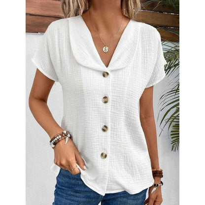 Women's Solid Color Button Down Lapel Short Sleeve Top