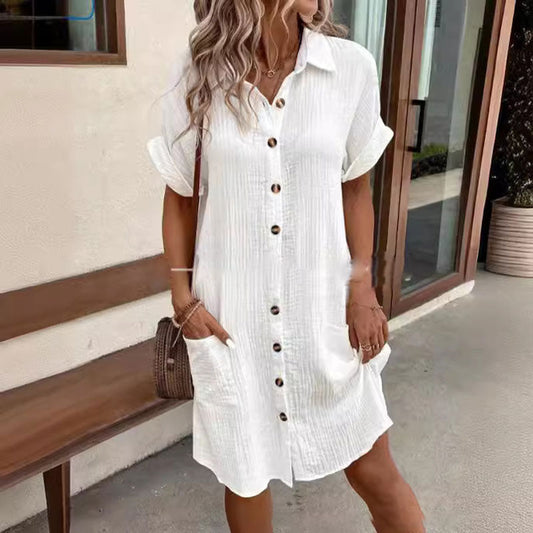 Women's Buttoned Short Sleeve Pocket Casual Shirt Dress