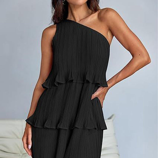 Women's One Shoulder Ruffle Tiered Layered Flowy A Line Dress