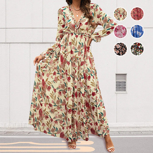 Women's Floral V-Neck Long Sleeve Flowy Dress