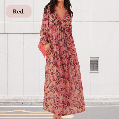 Women's Floral V-Neck Long Sleeve Flowy Dress