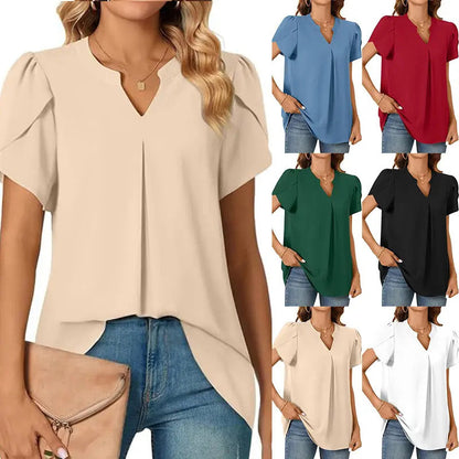Women's V-Neck Solid Color Short Sleeve Top