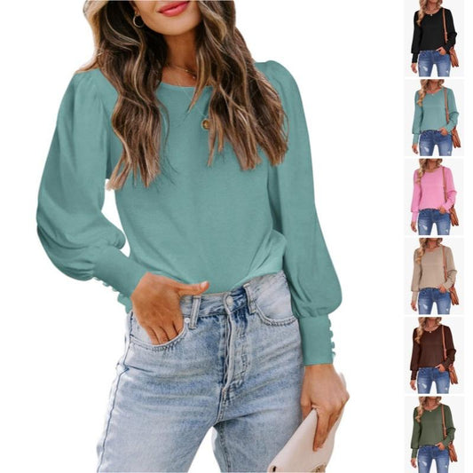 Women's Classic Crew Neck Bubble Sleeve Casual Top