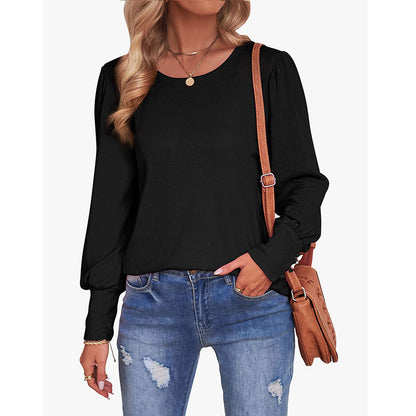 Women's Classic Crew Neck Bubble Sleeve Casual Top