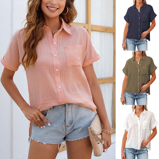 Women's Trendy Short Sleeve Loose Fit Shirt with Pocket