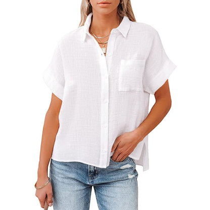 Women's Trendy Short Sleeve Loose Fit Shirt with Pocket