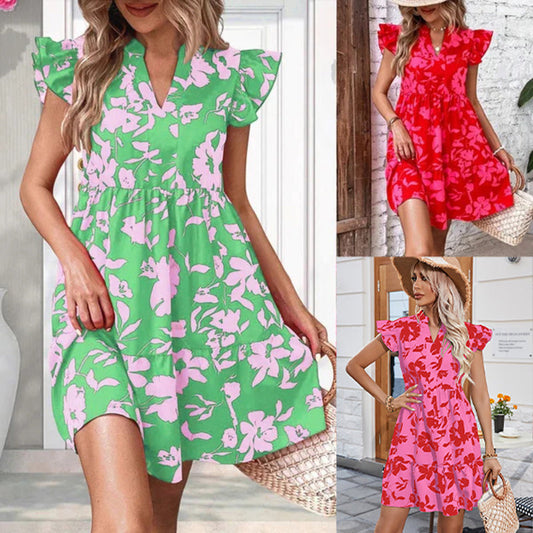 Ruffle Sleeve V-Neck Printed Dress