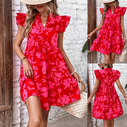 Ruffle Sleeve V-Neck Printed Dress