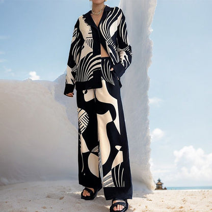 Women’s Fashionable Print Contrast Shirt and Wide-leg Pants Set