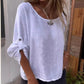 Round Neck Mid-sleeve Cotton and Linen Top