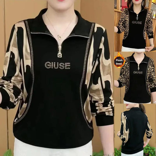 Women’s High-end Lapel Zip-collar Long-sleeve Pullovers