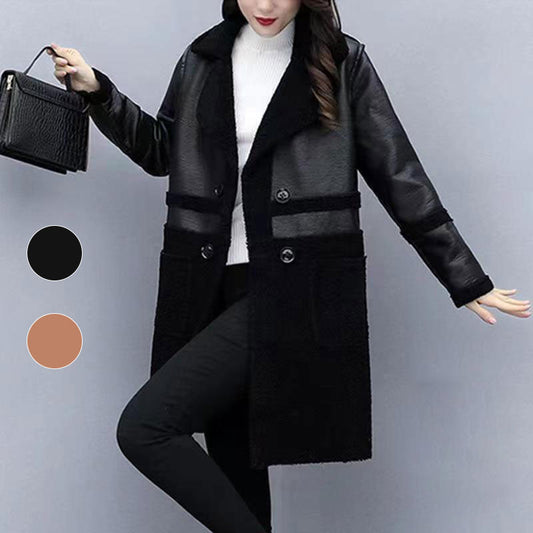 Women's Mid-Length PU Leather Coat with Teddy Velvet