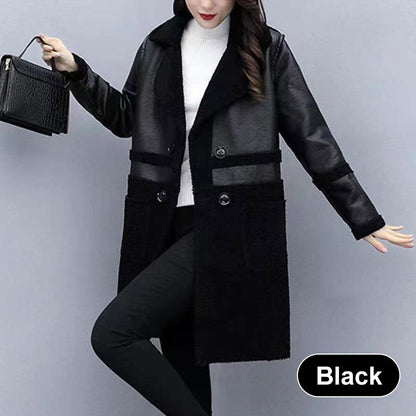 Women's Mid-Length PU Leather Coat with Teddy Velvet