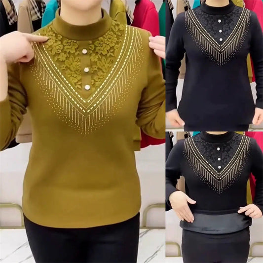 Middle-Aged Women's Plush-Lined Turtleneck Pullover