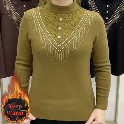 Middle-Aged Women's Plush-Lined Turtleneck Pullover