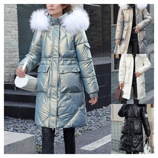 Women's Shimmering Quilted Winter Coat with Faux Fur Trim Hood