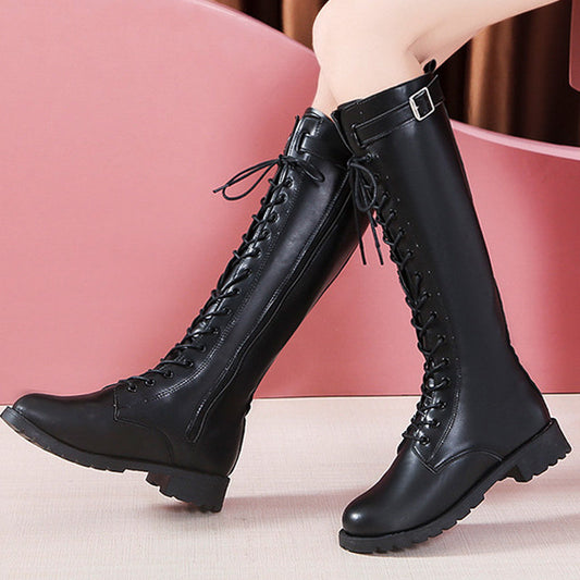 Women's Lace Up Chunky Heel Knee-High Boots