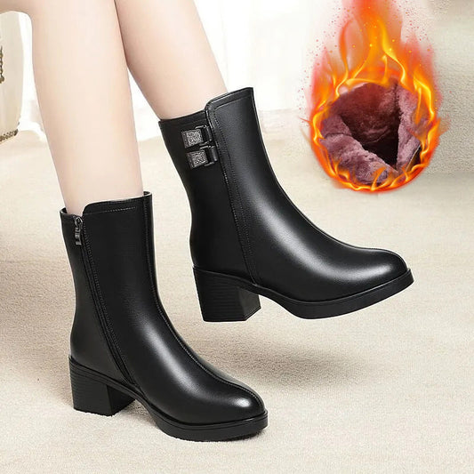 Women’s Warm Black Synthetic Leather Boots