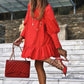Women Solid Color Long Sleeve Short Dress with Ruffle Hem