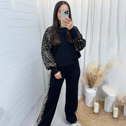 Women's Sequin Detail Sweatshirt & Wide-Leg Pants Set