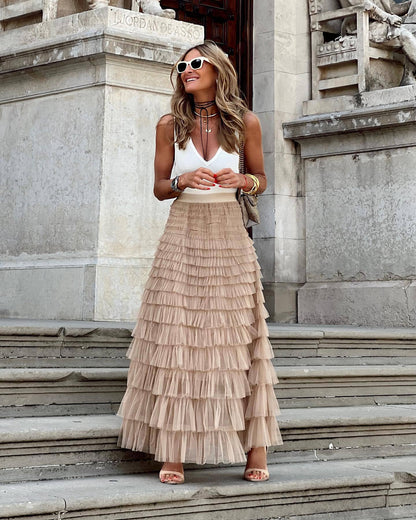 Layered maxi tulle dress with elastic waist