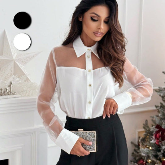 Women's Sheer Mesh Patchwork Button-Down Lapel Shirt