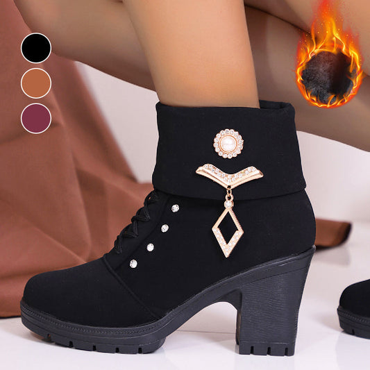 Women's Chunky Heeled Ankle Boots with Rhinestone Decor