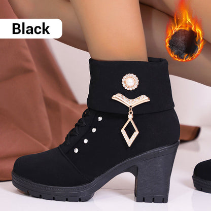 Women's Chunky Heeled Ankle Boots with Rhinestone Decor