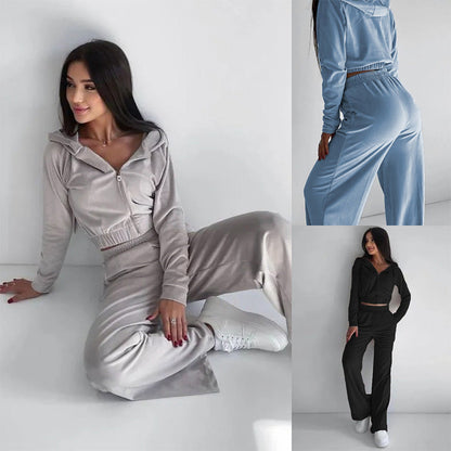 Women's Solid Color Casual Zipper Hooded Top and Pants Two Piece Set