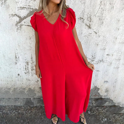 Women's V-Neck Leopard Print & Solid Jumpsuit