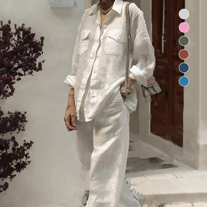 Causal Long-Sleeved Top Wide-Leg Pants 2-piece Set