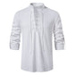 Men's Cotton-Linen Henley Shirt with High Collar and Long Sleeves