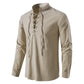 Men's Cotton-Linen Henley Shirt with High Collar and Long Sleeves