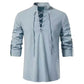 Men's Cotton-Linen Henley Shirt with High Collar and Long Sleeves