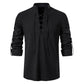 Men's Cotton-Linen Henley Shirt with High Collar and Long Sleeves