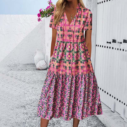 Women’s Elegant Floral Short-Sleeve Drawstring Long Dress