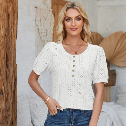 Women's T-Shirts Short Sleeve Round Neck Button Top