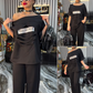Fashionable Short-Sleeve Top & Solid Color Pants with Pocket Set