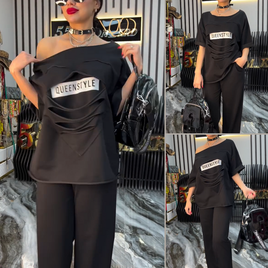 Fashionable Short-Sleeve Top & Solid Color Pants with Pocket Set