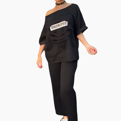Fashionable Short-Sleeve Top & Solid Color Pants with Pocket Set