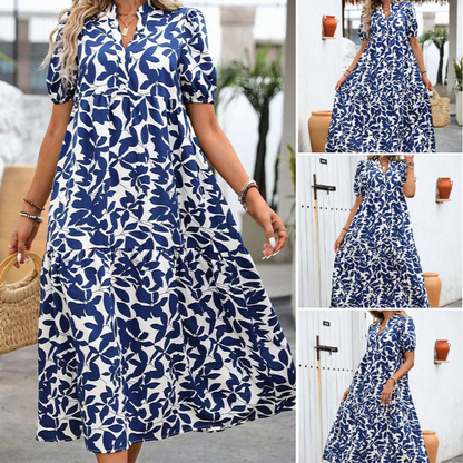 Rochie pentru Femei cu Mâneci Scurte, Decolteu în V și Imprimeu de Frunze